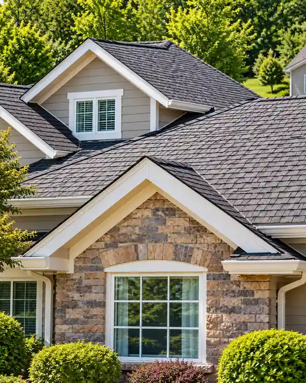 Close-up of asphalt shingle roofing on a suburban home in Houston, TX