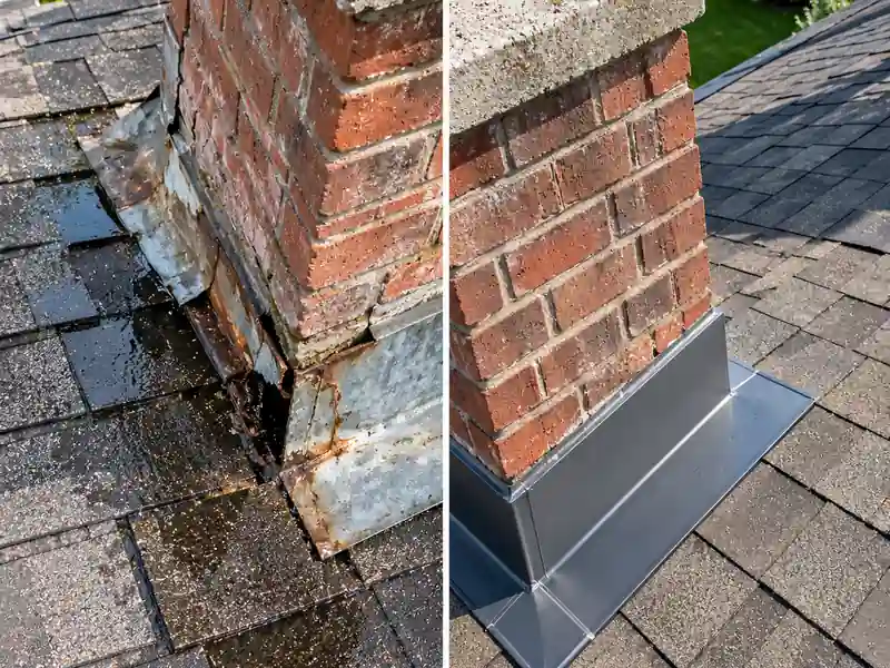 Before and after chimney flashing repair on an asphalt shingle roof in Spring