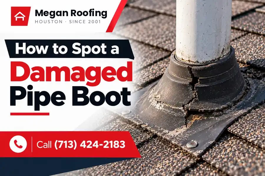 Damaged roof pipe boot with cracked rubber collar on asphalt shingles