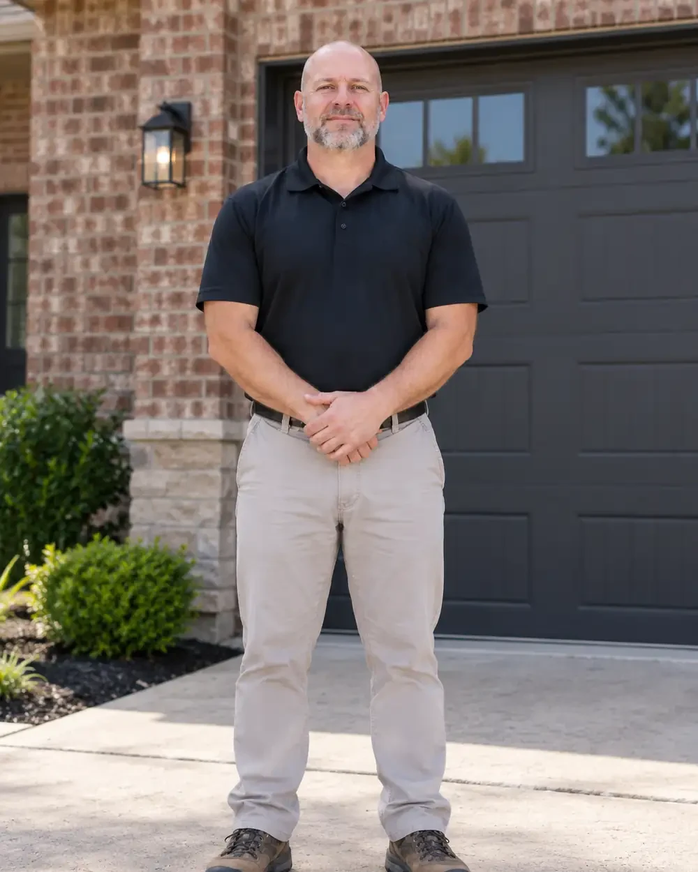 Mark Hofmann, Founder of Megan Roofing, standing in front of a brick home