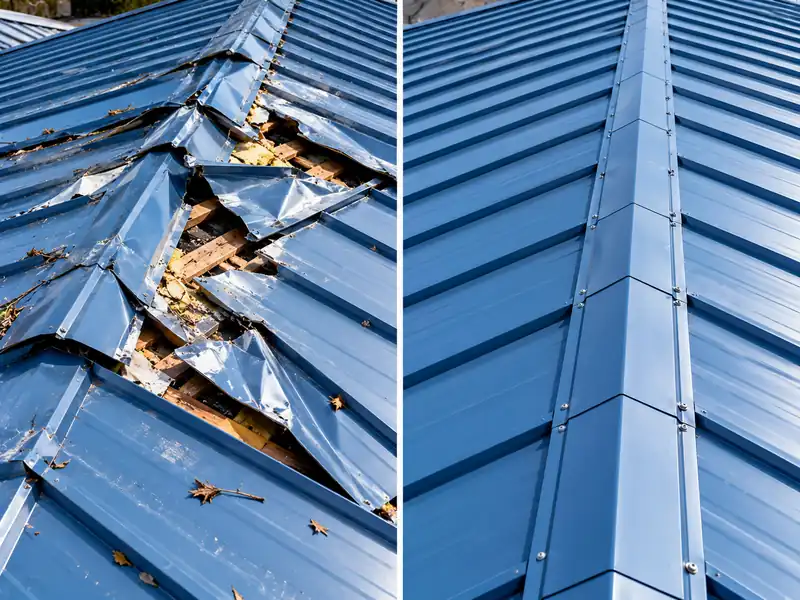 Blue metal roof storm damage before and after repair